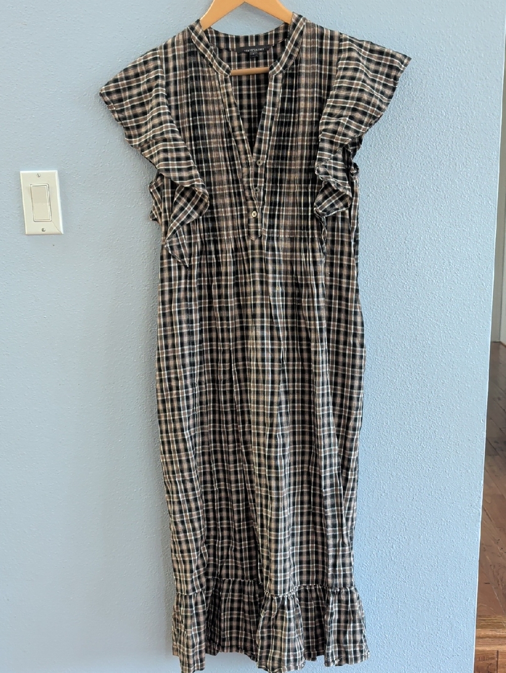 Grade & Gather Brown Plaid Milkmaid Flutter Sleeve Midi Dress